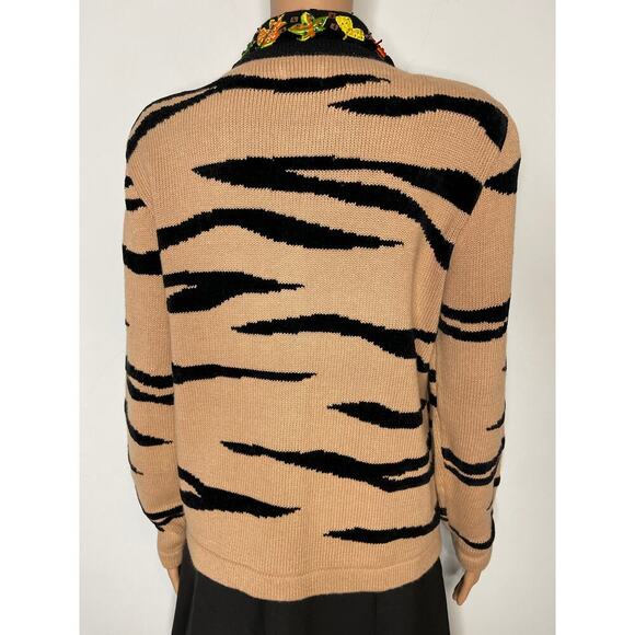 Berek Tiger Striped Embroidered Cardigan Knit Sweater size M Tan/Black Vintage - Picture 4 of 11